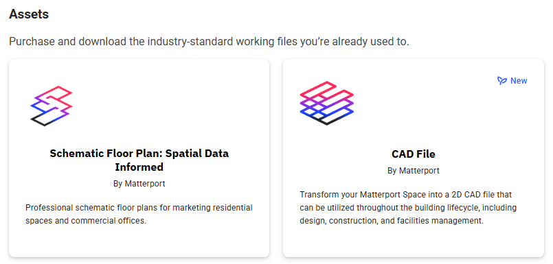 Matterport asset store listing for Schematic Floor Plan and CAD File products