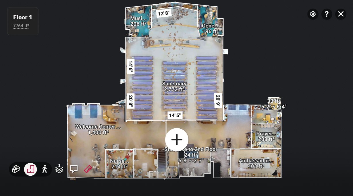 Dollhouse view of a Spatio 3D virtual tour of a church
